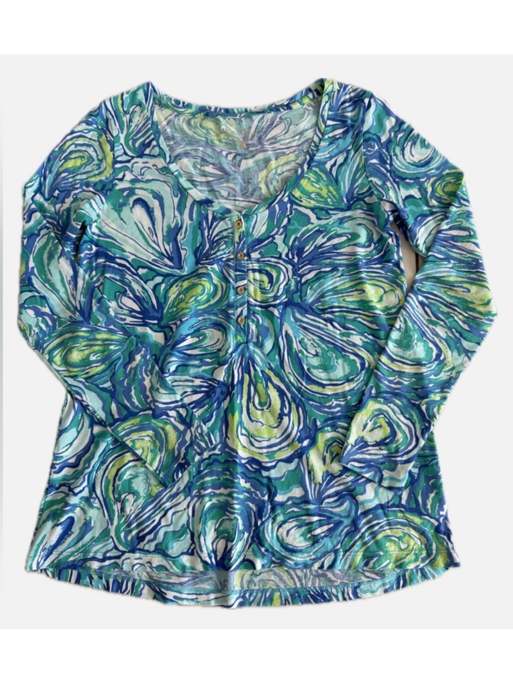 Lilly Pulitzer Sorella Top Sparkling Blue Oh Shucks Oyster Pima Cotton Henley XS